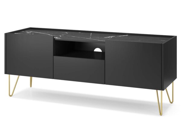 Czarna szafka RTV z wnęką i złotymi nóżkami – styl glamour