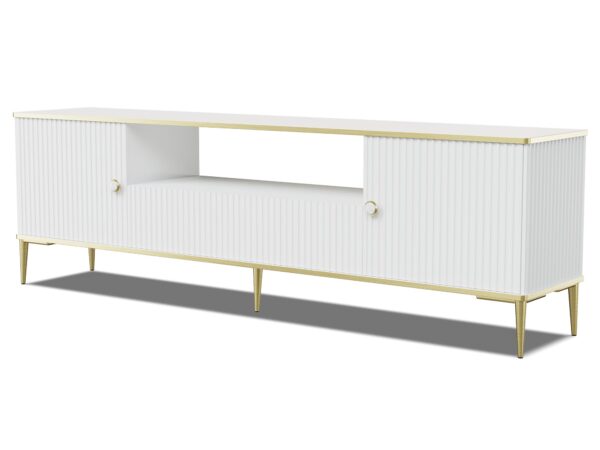 Biała szafka RTV z frezowanym frontem i złotymi nogami