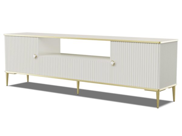 Biała szafka z lamelowym wykończeniem i ozdobnym otworem