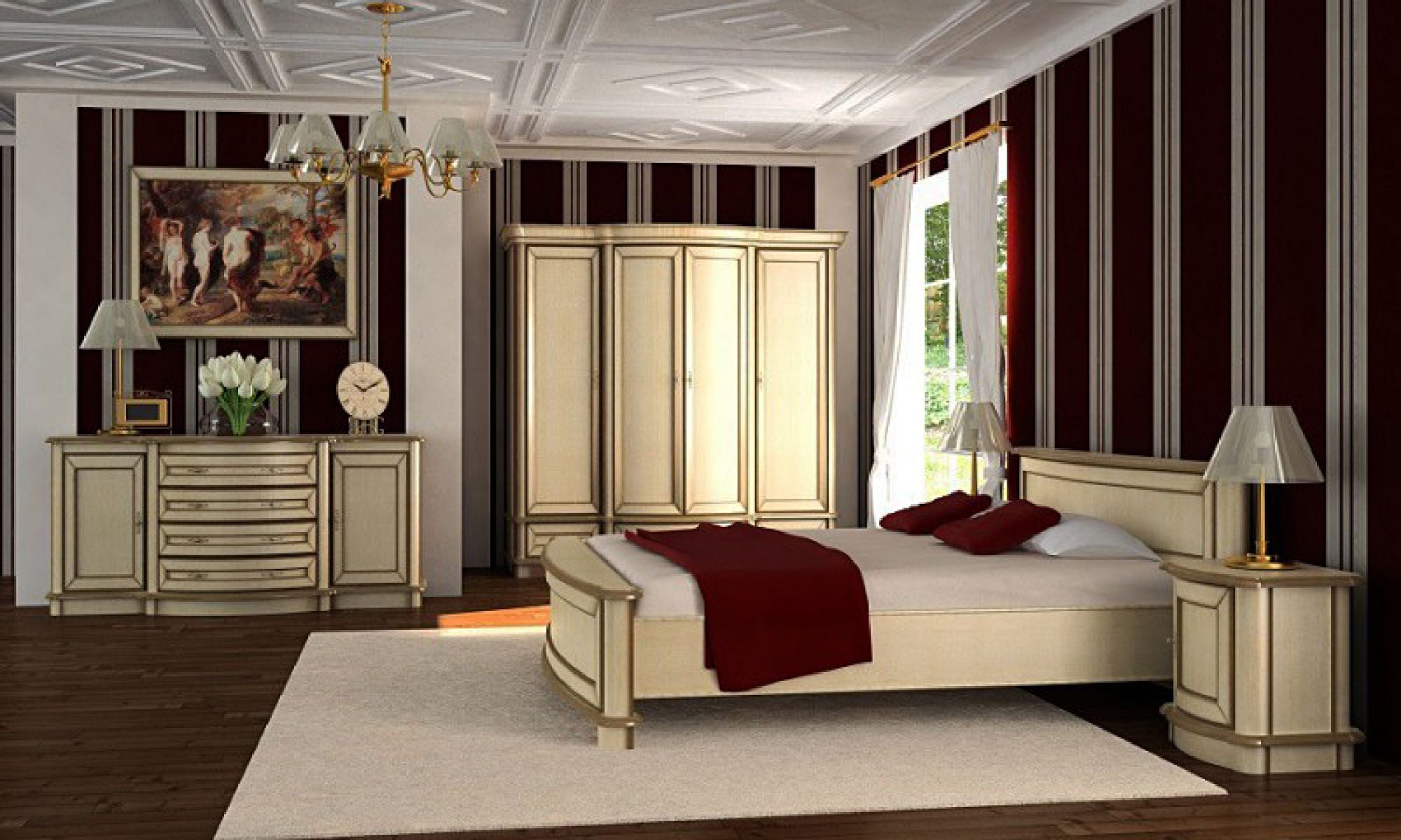 Elegancka sypialnia z jasnymi meblami i łóżkiem z czerwonym narzutem