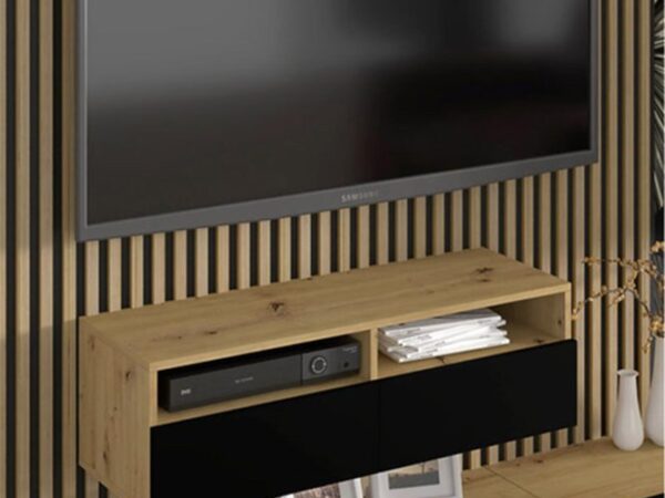 Panel RTV z lamelami i czarną szafką w stylu nowoczesnym