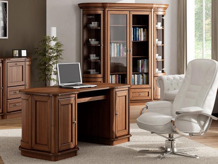Meble gabinetowe z biurkiem narożnym i wysoką biblioteczką