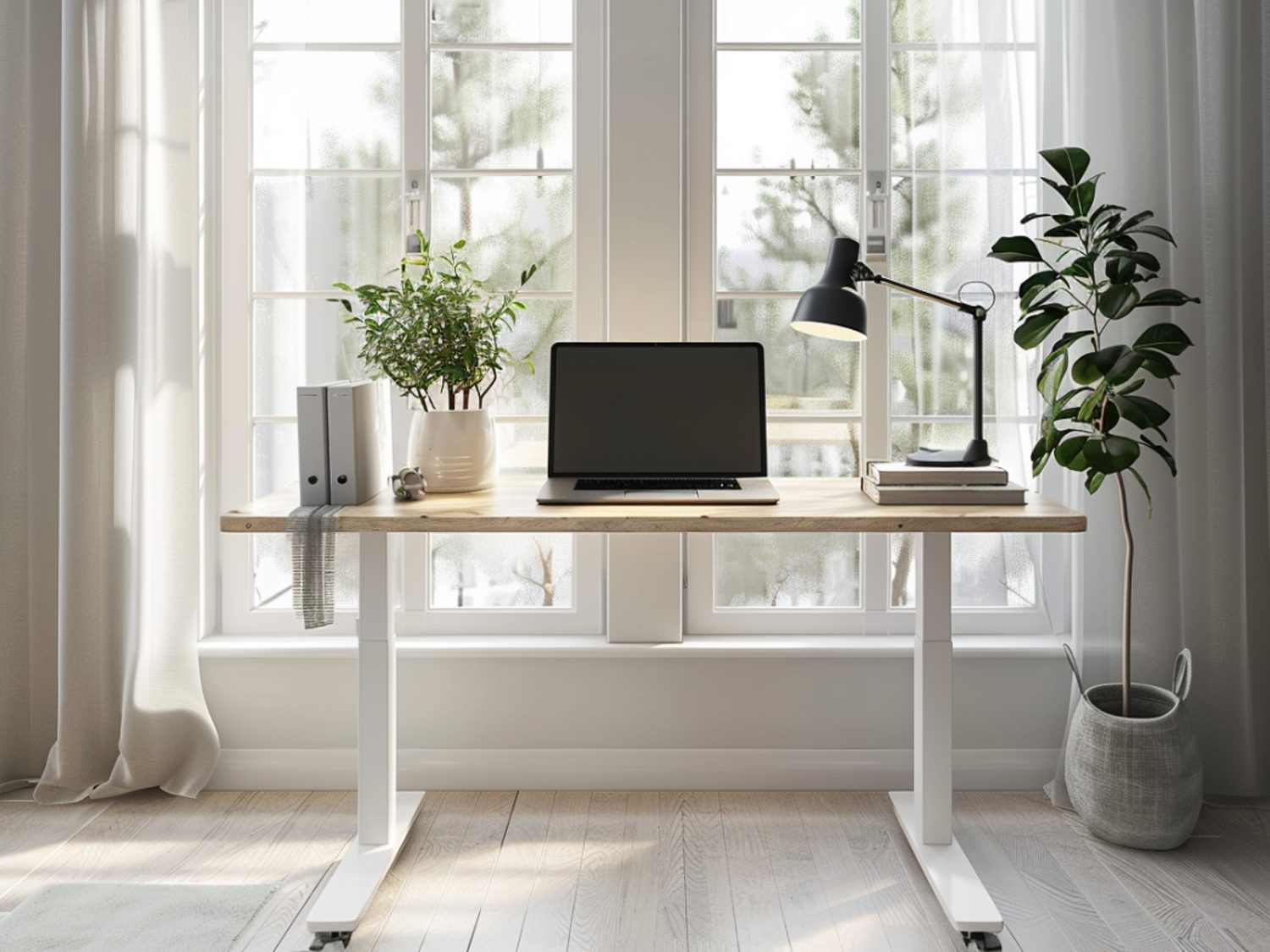 Minimalistyczne biurko z białym blatem przy oknie w gabinecie