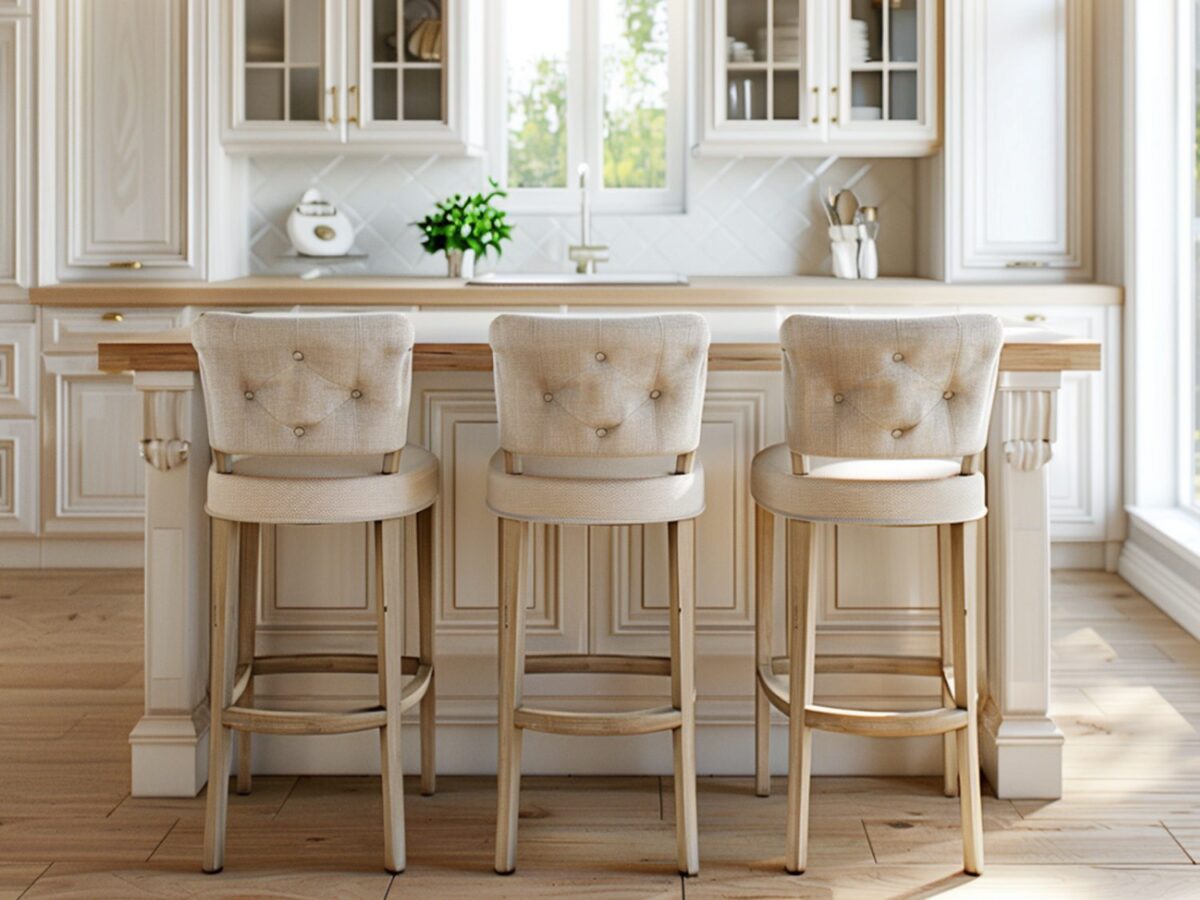 Wysokie hokery przy drewnianym blacie w jasnej kuchni