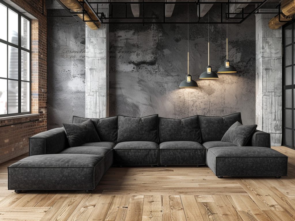 Loftowy salon z szarą sofą i betonową ścianą