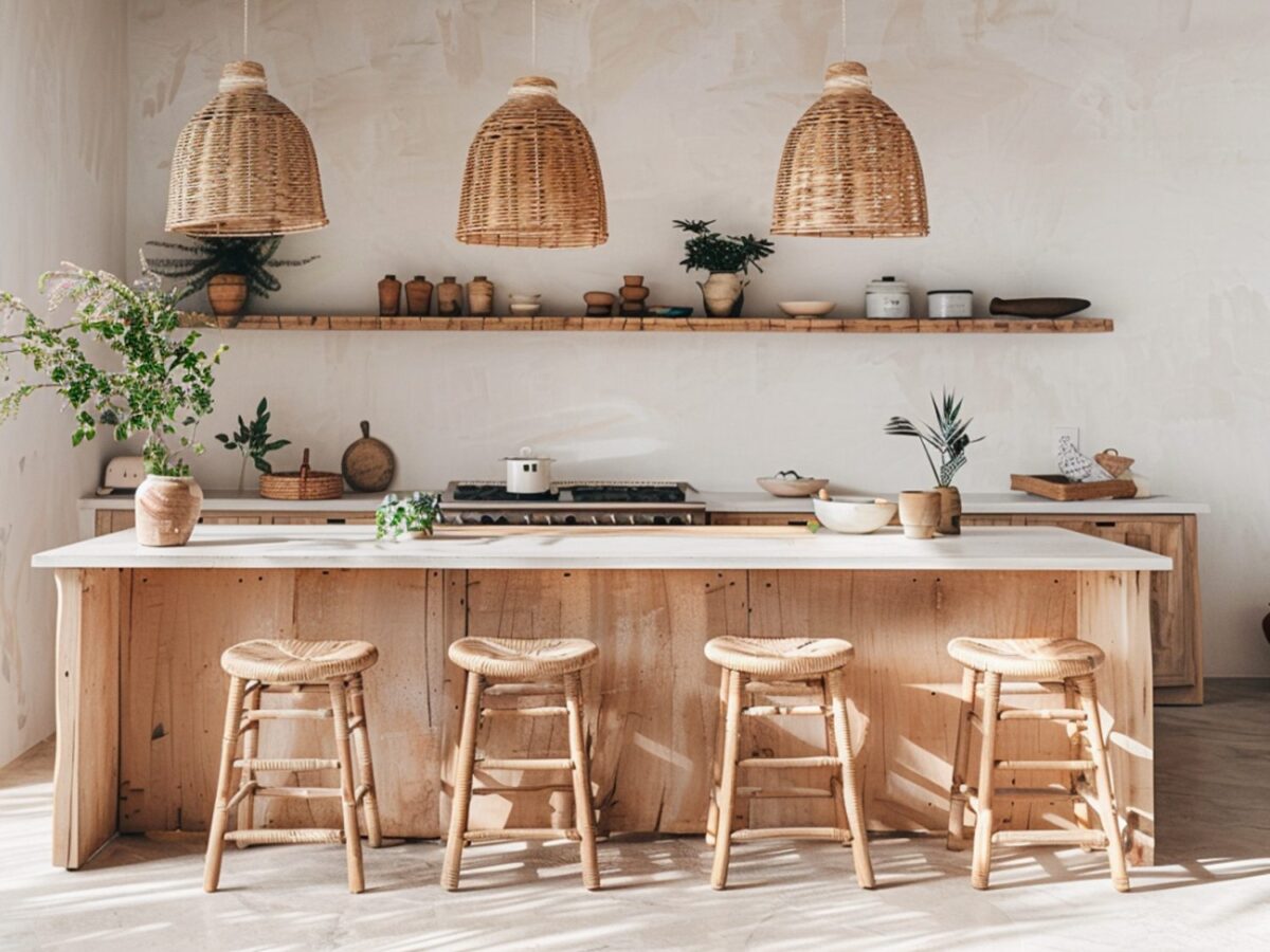 Naturalna kuchnia z plecionymi lampami i drewnianymi stołkami