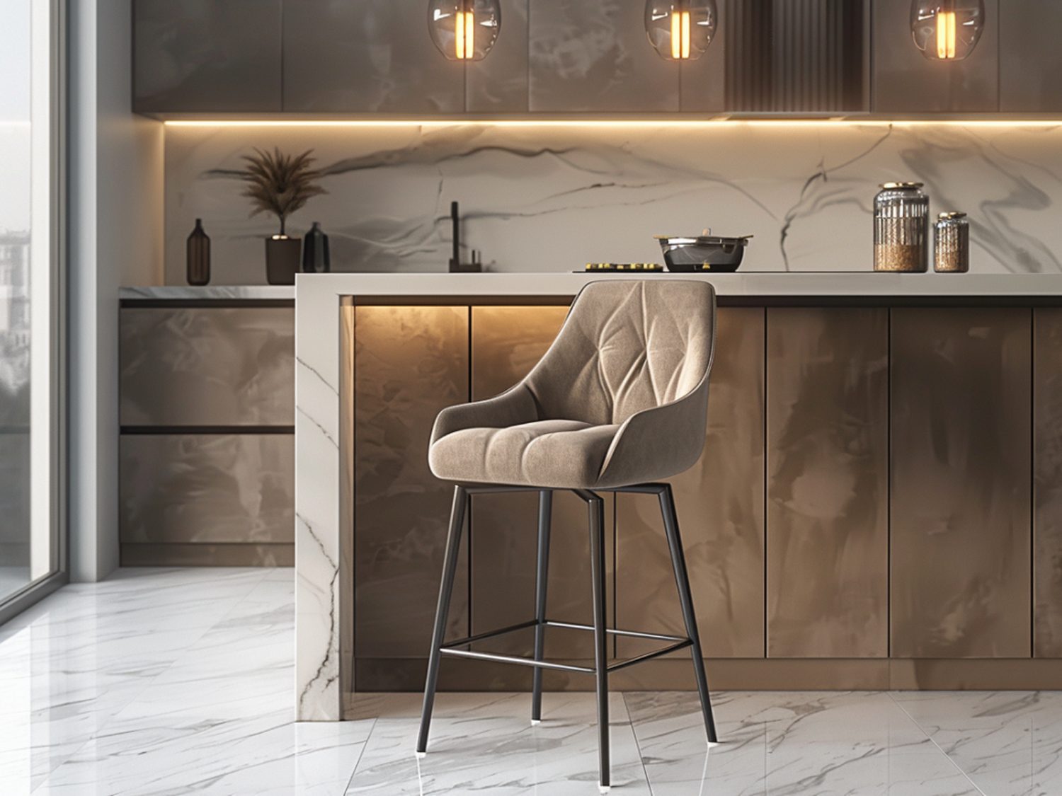 Industrialna wyspa kuchenna z hokerami i lampami wiszącymi