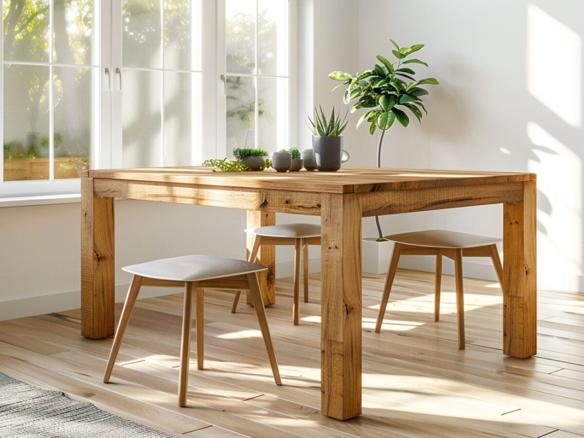 Stół jadalniany z jasnego drewna z białymi krzesłami