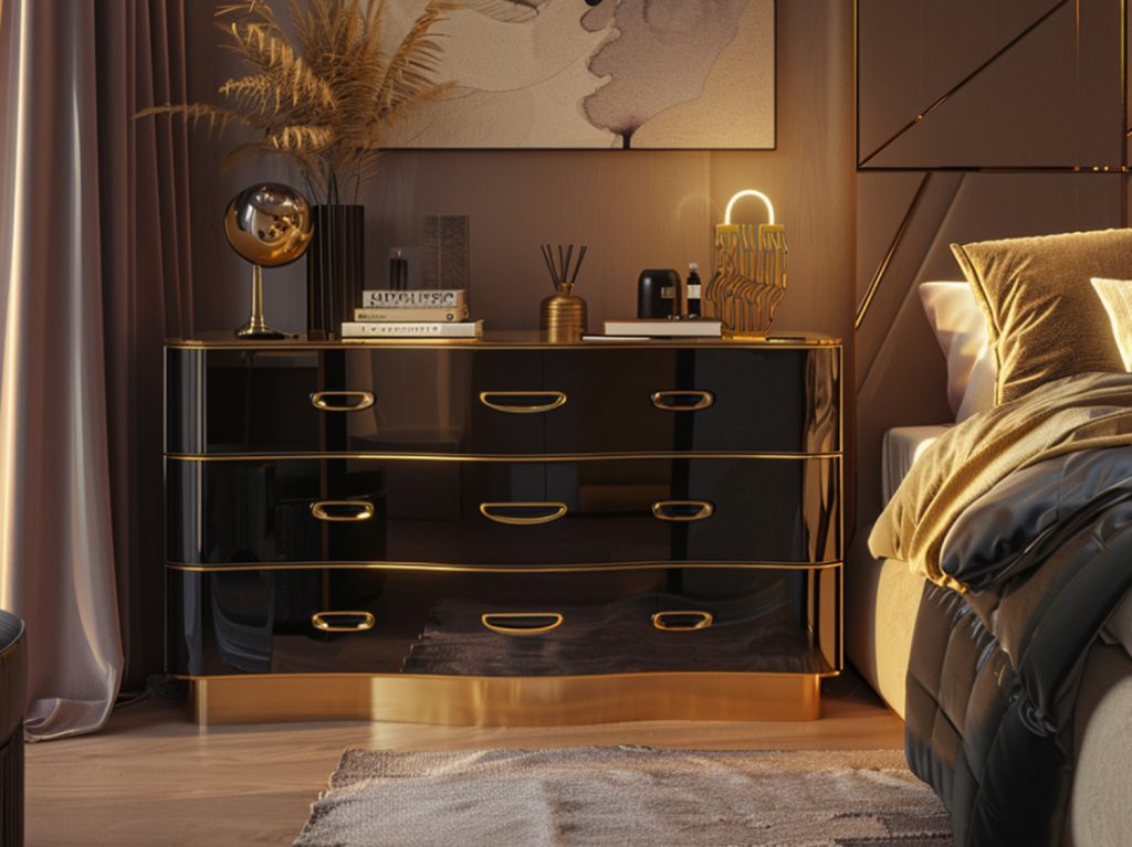 Komoda czarna z dekoracyjnym złotym uchwytem w eleganckiej sypialni