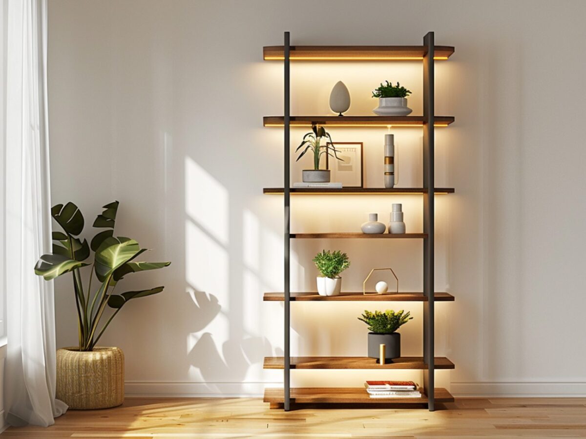Otwarty regał z drewna z oświetleniem i roślinami doniczkowymi