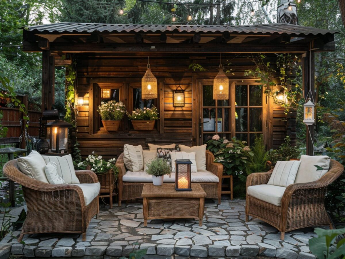 Oświetlony zestaw wypoczynkowy z technorattanu na klimatycznym tarasie