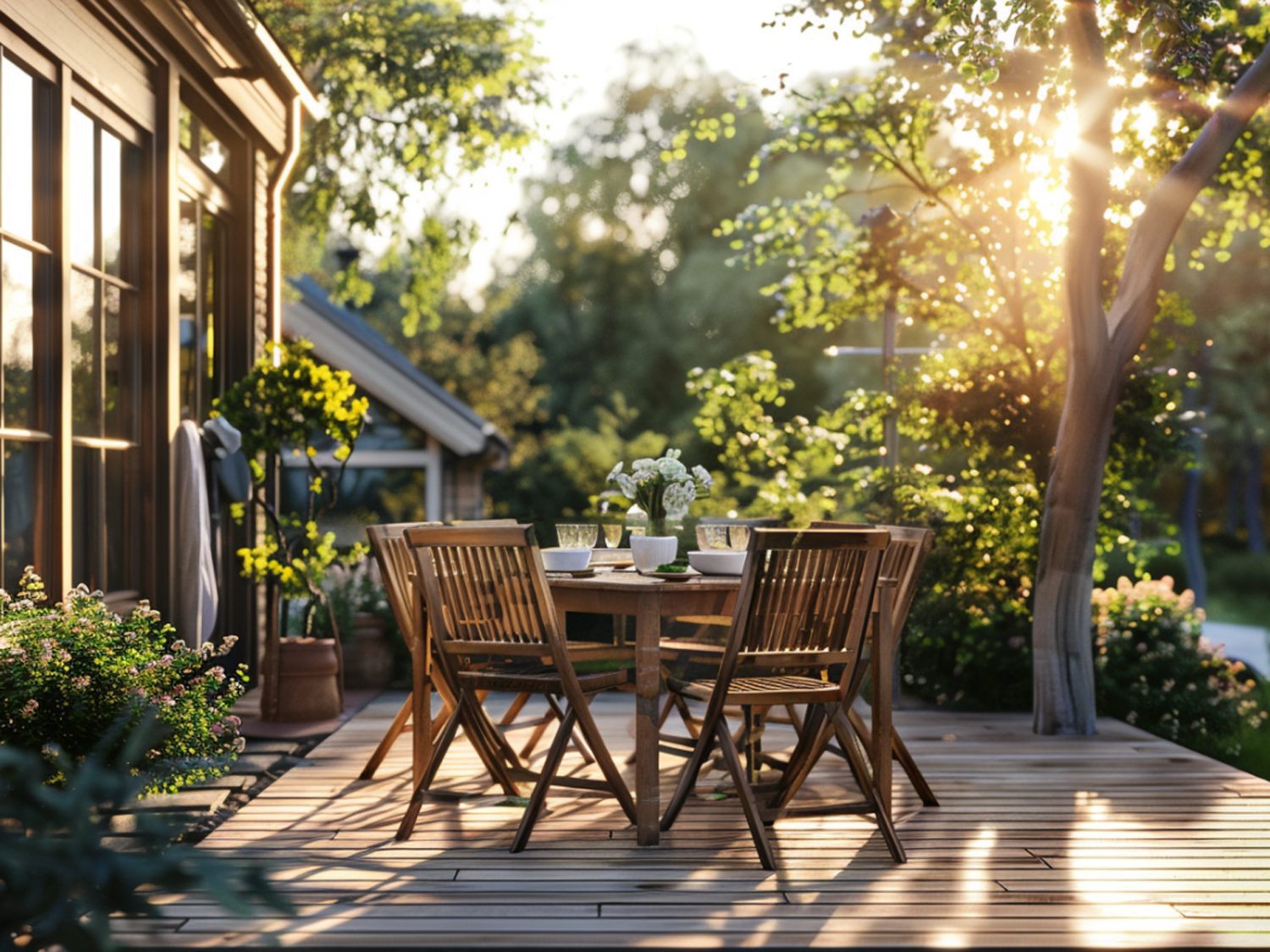 Drewniany taras z kompletem mebli ogrodowych do letniego wypoczynku