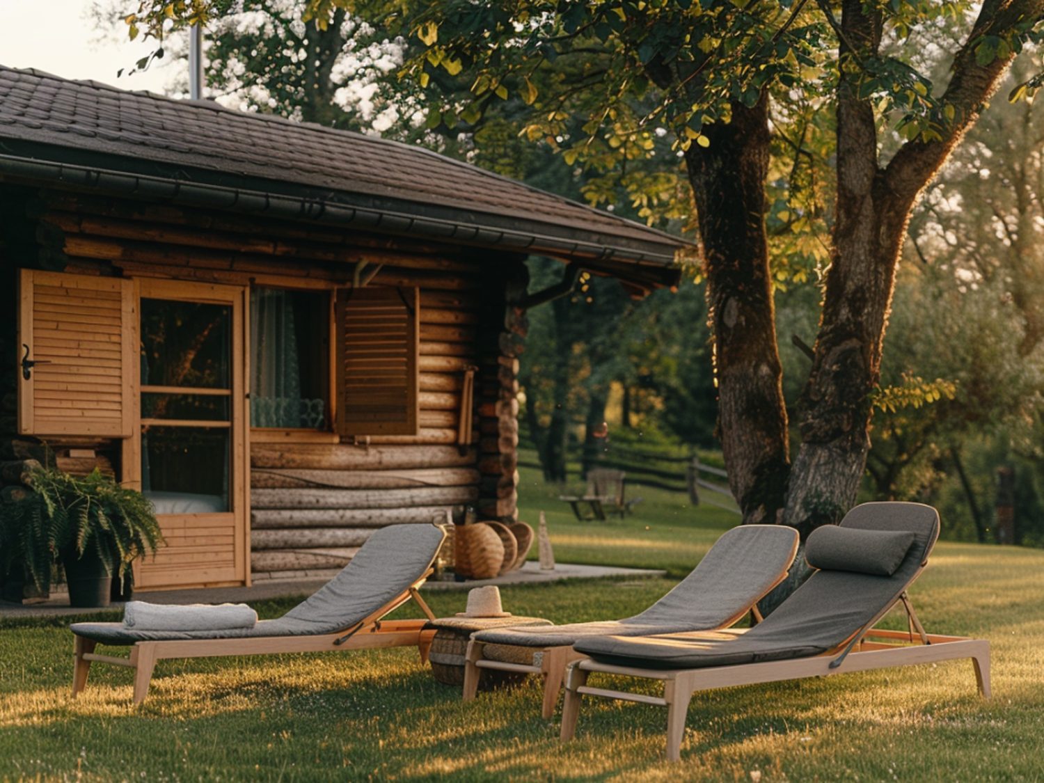 Drewniany domek letniskowy z leżakami ogrodowymi w stylu rustykalnym