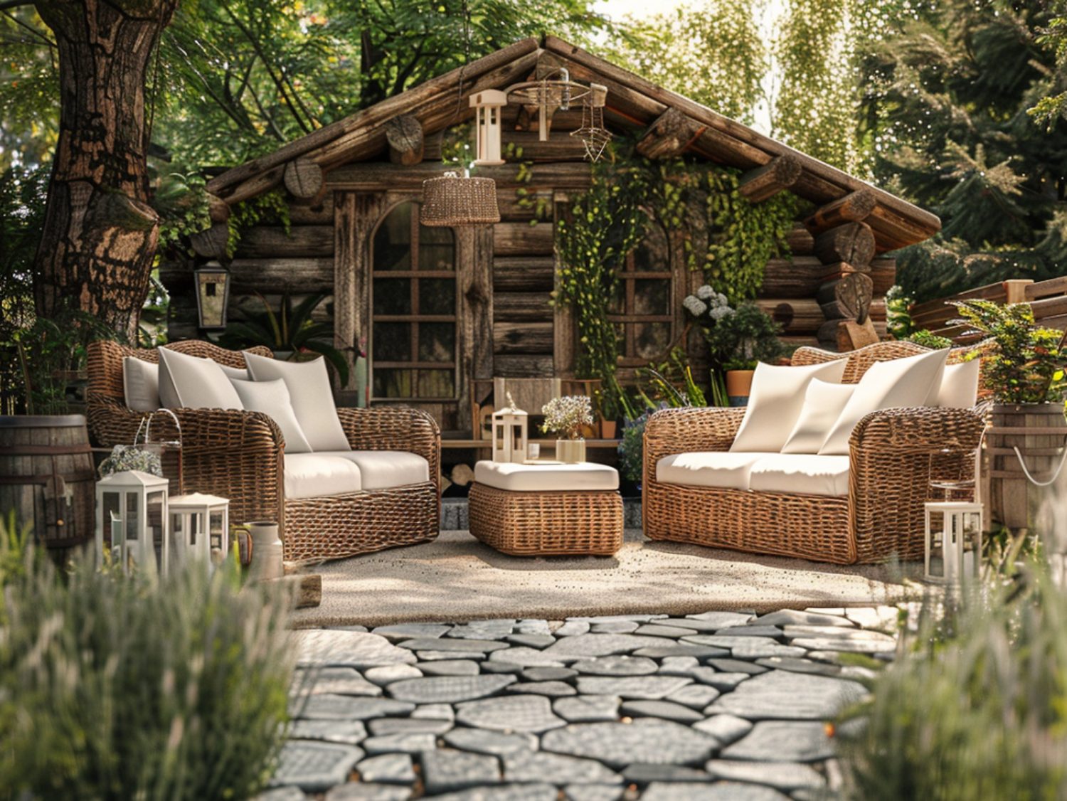 Zestaw mebli ogrodowych z technorattanu na kamiennym tarasie