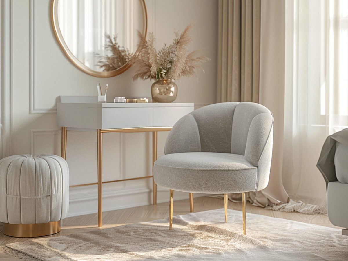 Szary fotel z weluru przy toaletce i okrągłym lustrem