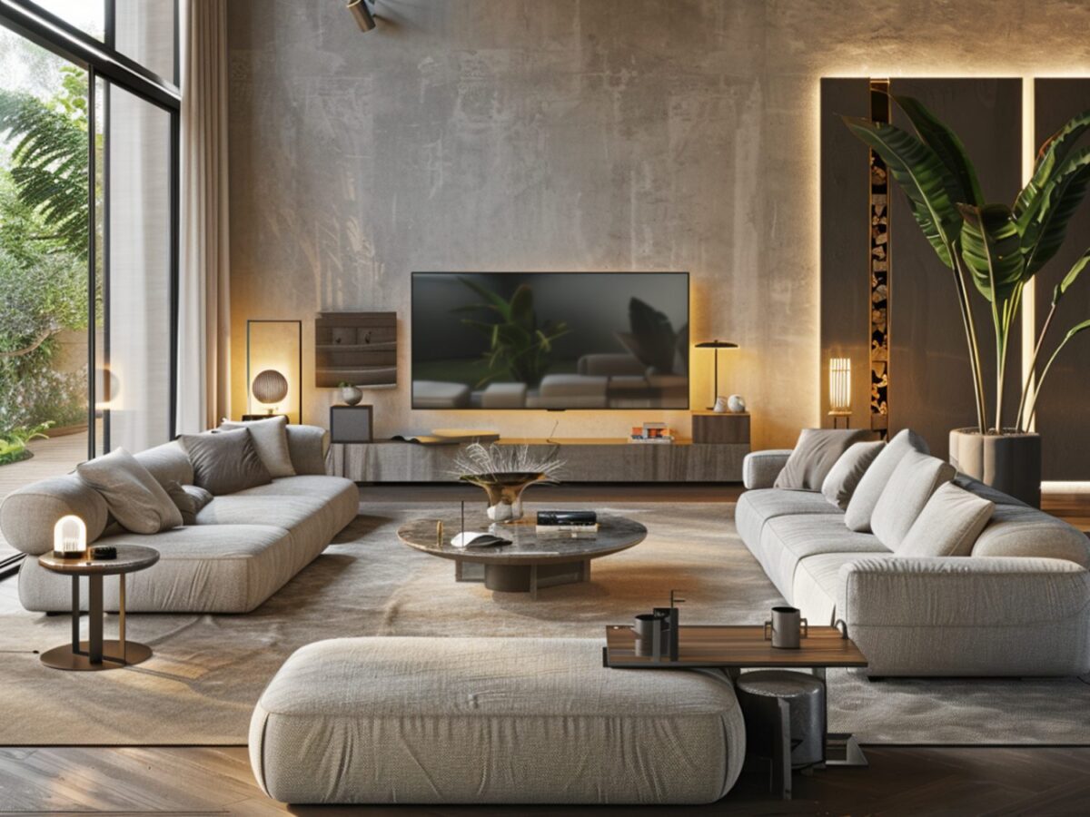 Nowoczesny salon z sofami i stolikiem kawowym w kolorach ziemi