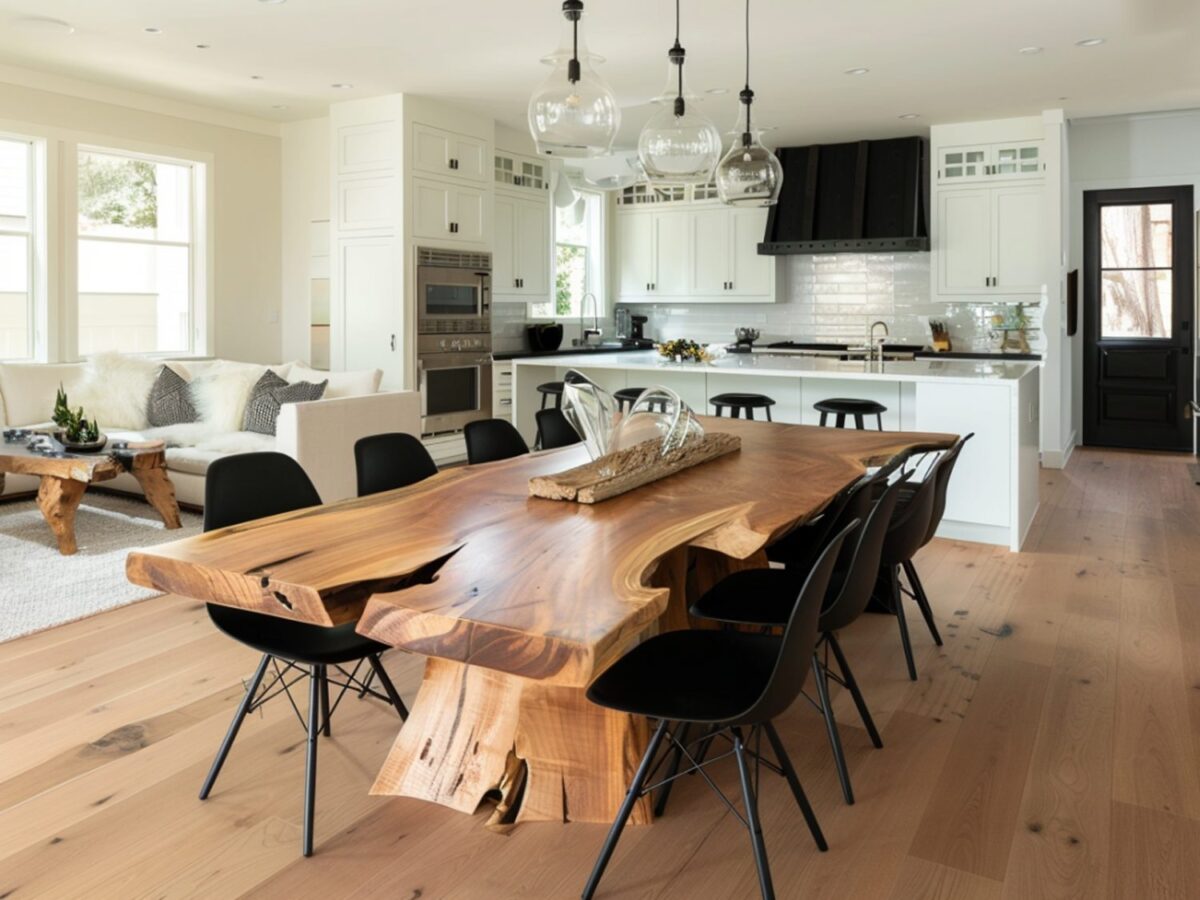 Drewniany stół dębowy z żywicą i czarnymi krzesłami w jadalni loftowej