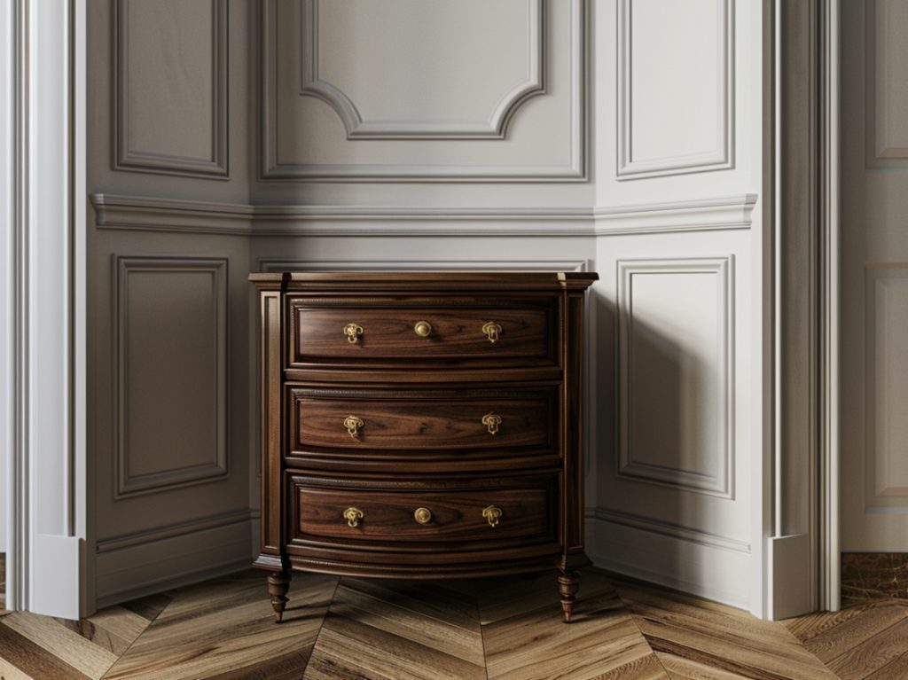 Zaokrąglona komoda w stylu klasycznym przy szarej boazerii