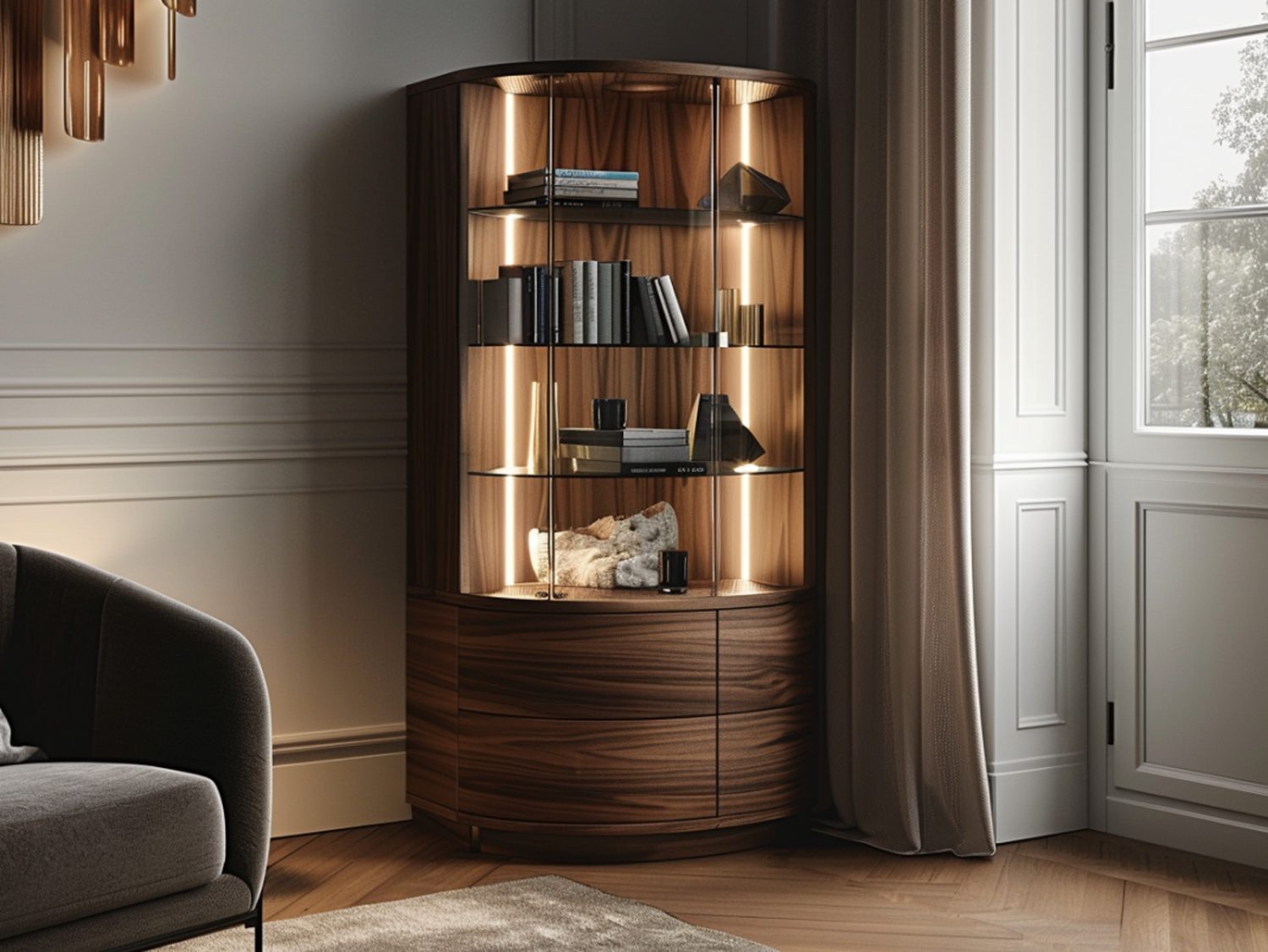 Elegancki witrynowy regał z książkami i szkłem w salonie