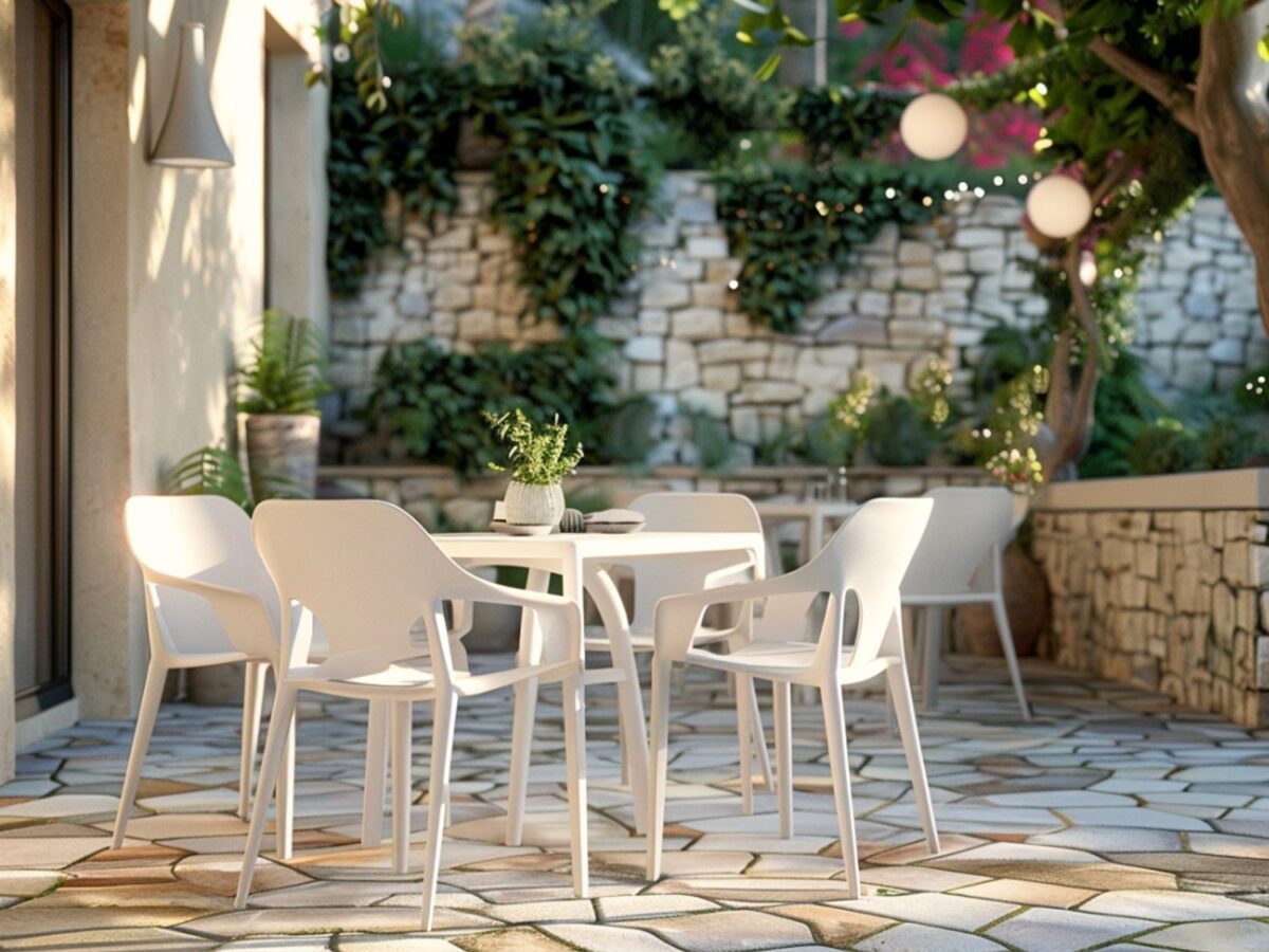 Biały stół ogrodowy z krzesłami i roślinnością w tle