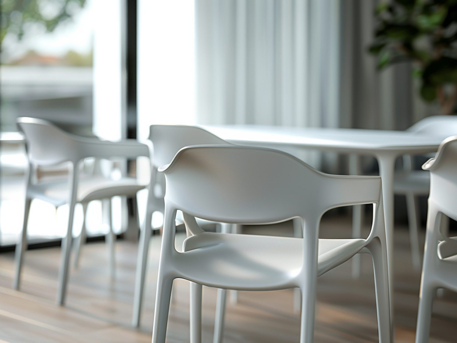 Białe krzesła przy stole w jasnym minimalistycznym wnętrzu