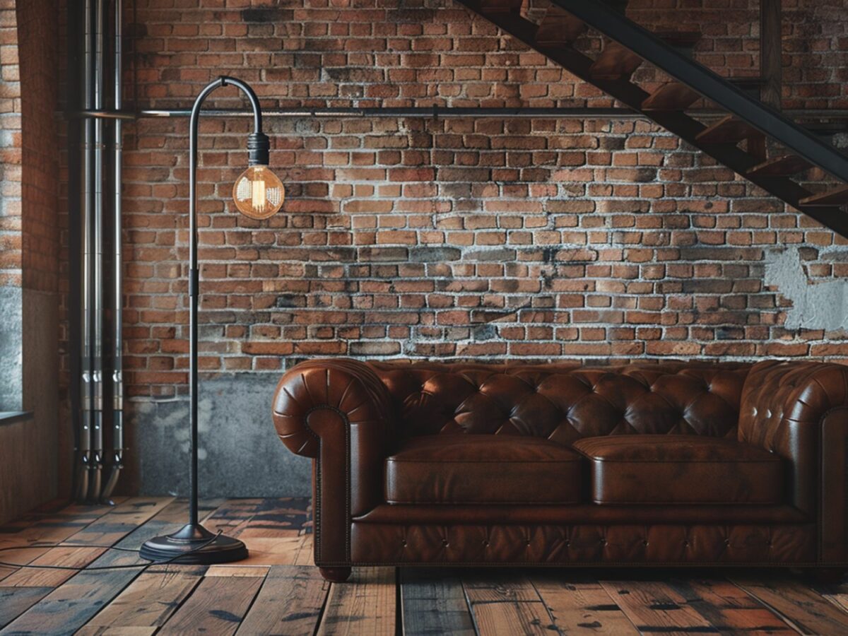 Skórzana kanapa Chesterfield przy ceglanym murze i lampie loftowej