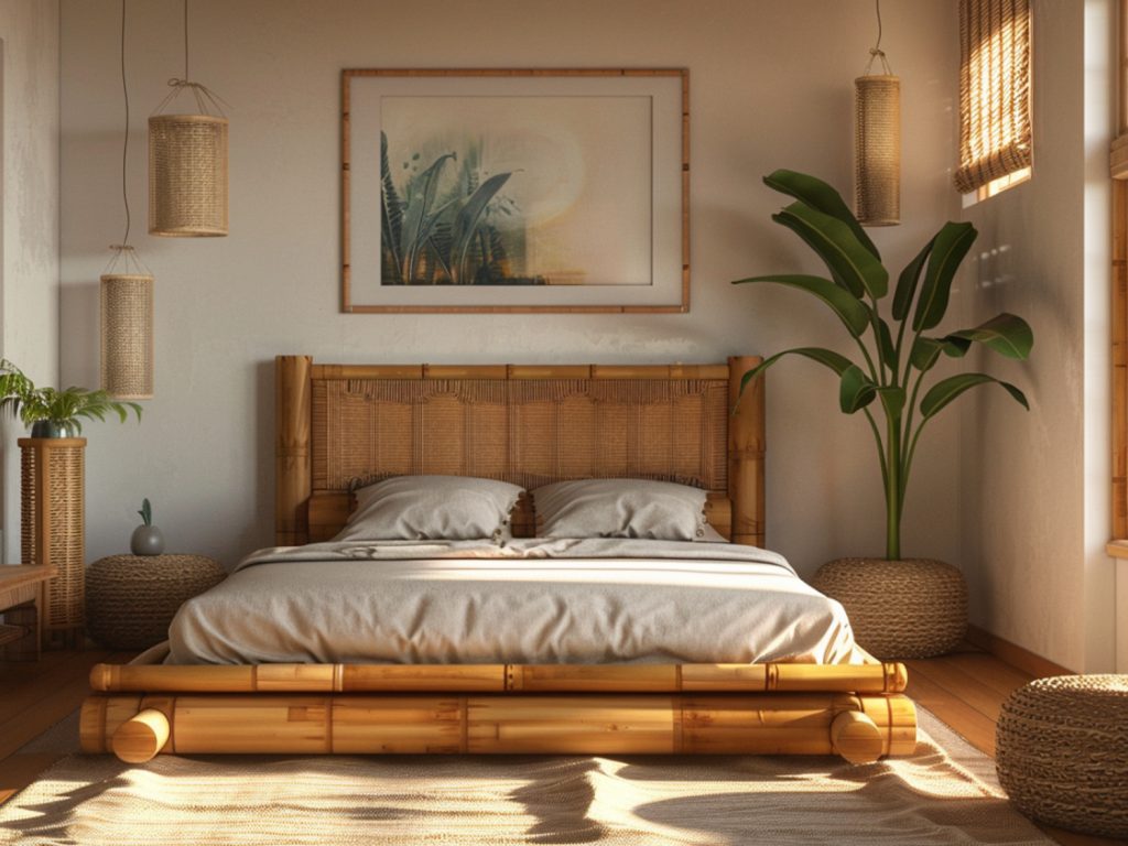 Drewniane łóżko w stylu naturalnym z roślinami w tle w jasnej sypialni