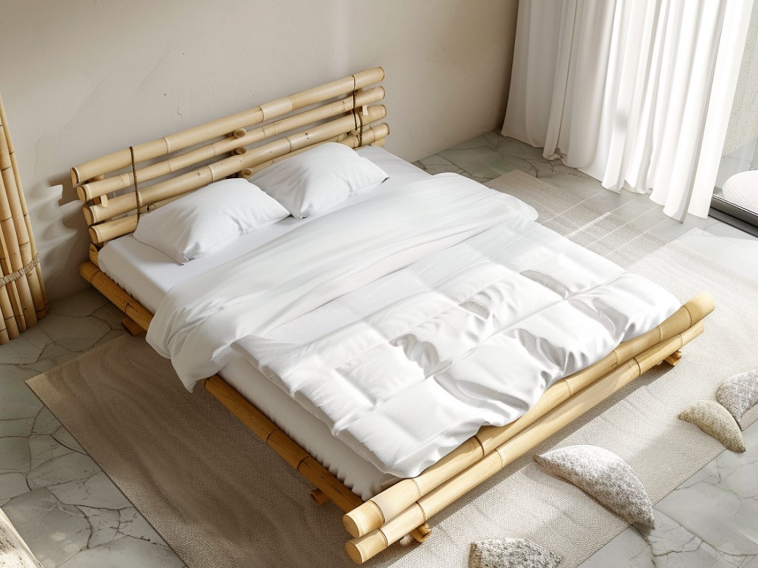 Niskie łóżko z jasnego drewna w stylu japońskim do minimalistycznej sypialni