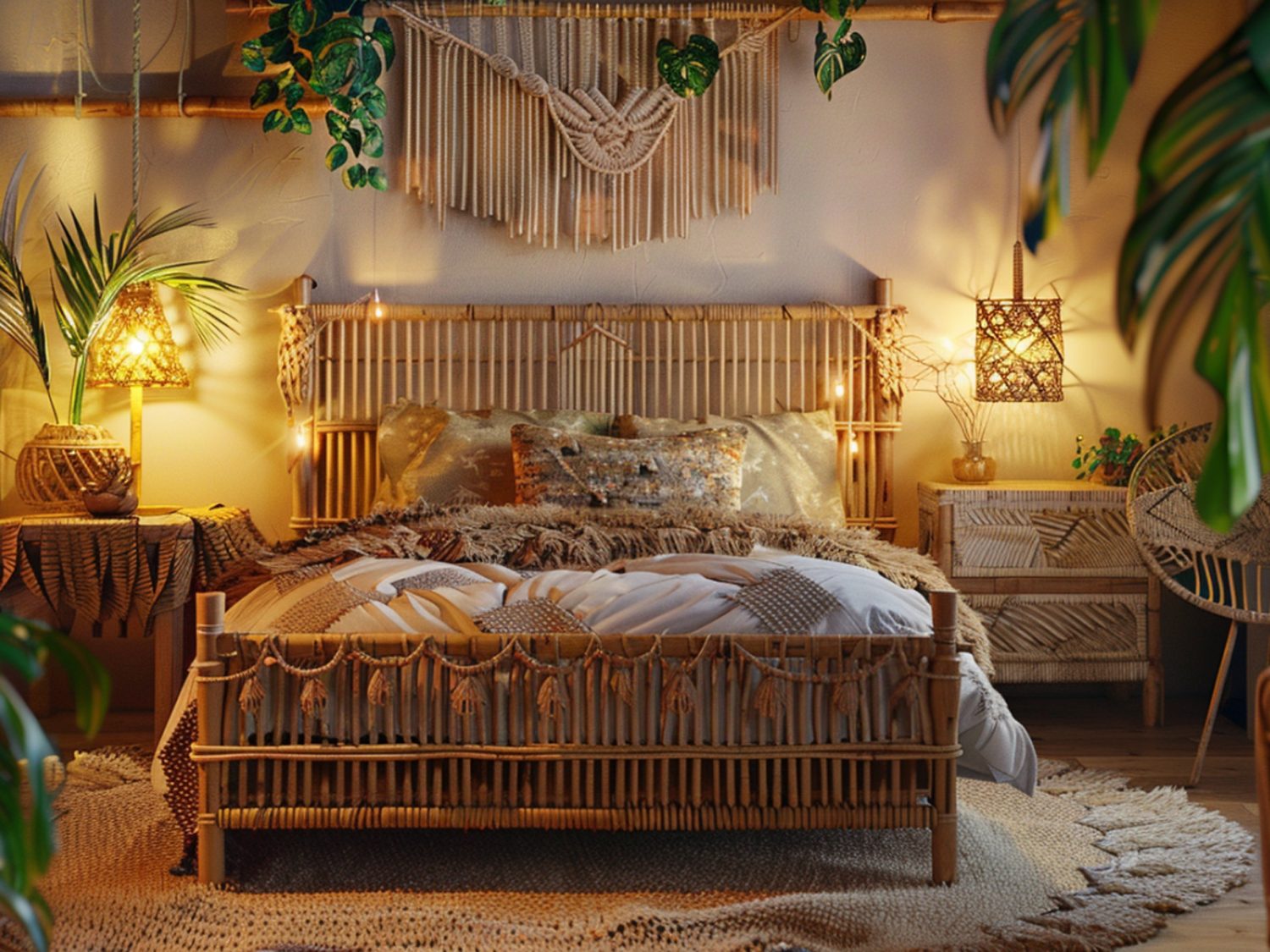 Rattanowe łóżko w stylu boho z dekoracyjnym oświetleniem sypialni