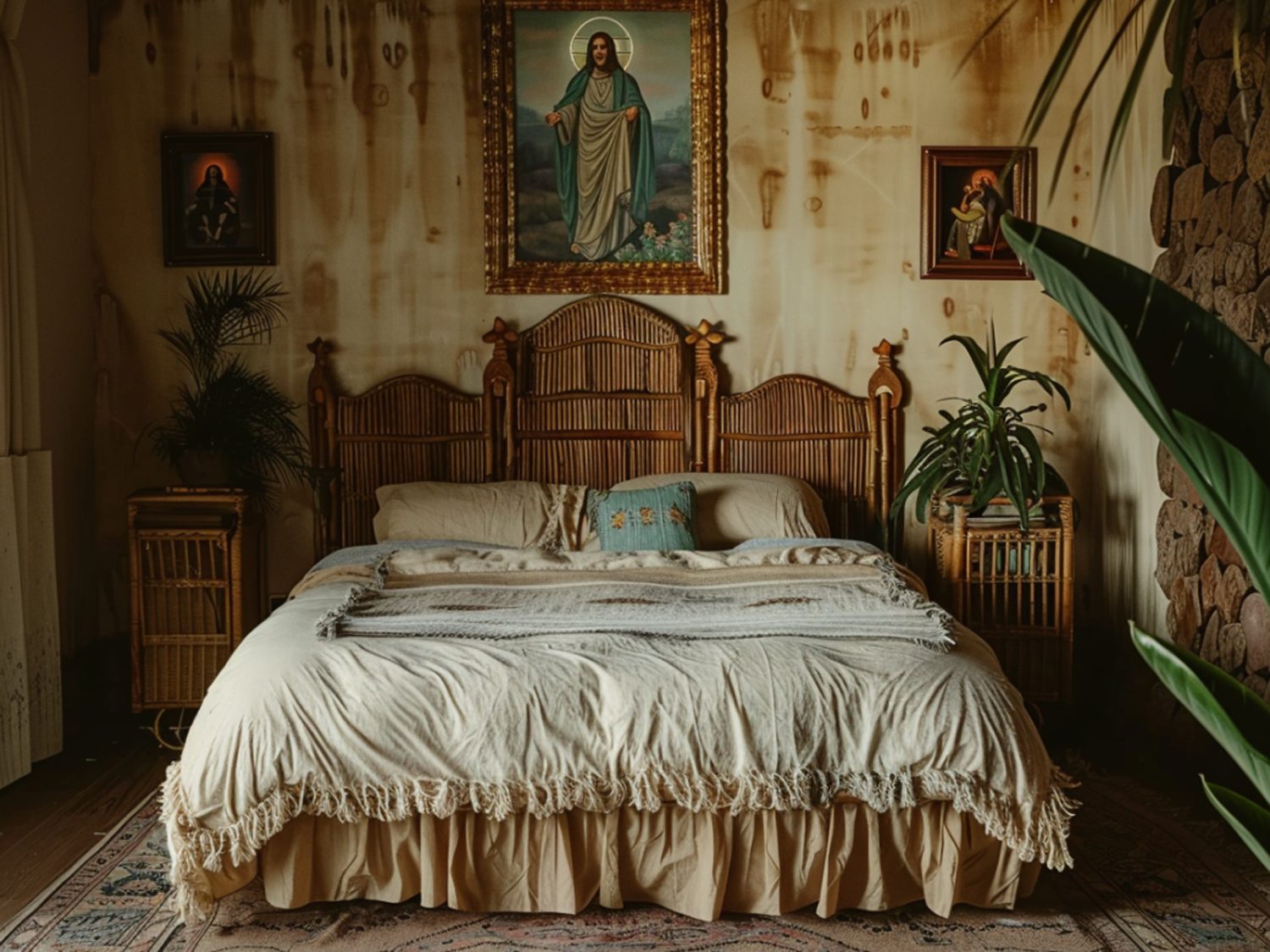 Łóżko z litego drewna sosnowego w stylu boho z dekoracyjnym wezgłowiem