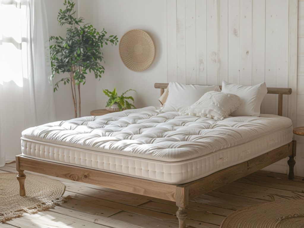 Drewniane łóżko z wysokim zagłówkiem i białą pościelą