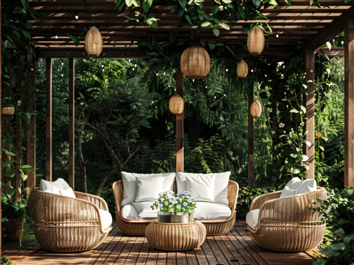 Drewniana altana z rattanowymi siedziskami i lampami bambusowymi