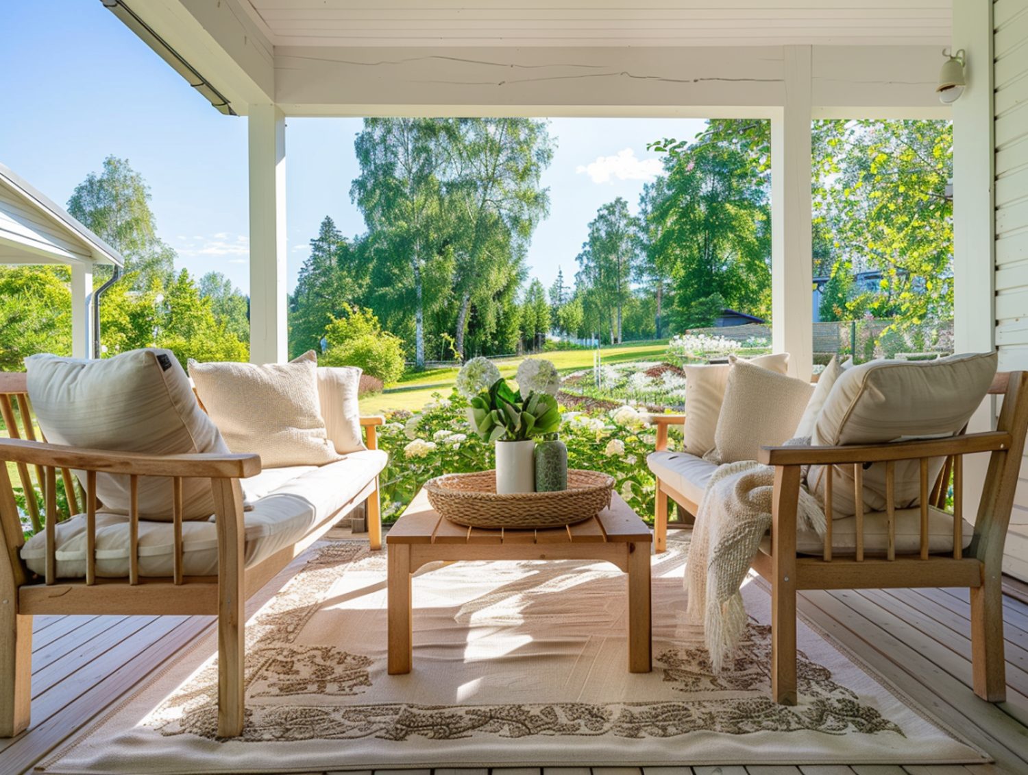Klasyczna weranda z białymi fotelami i widokiem na ogród