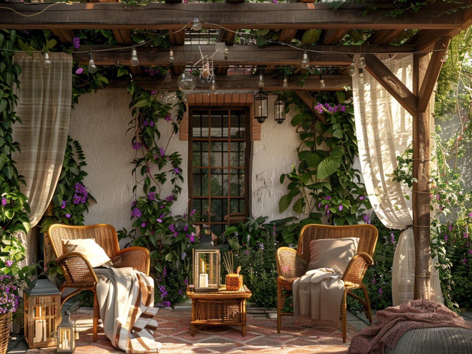 Stylowa altana z pnączami i kompletem rattanowych mebli