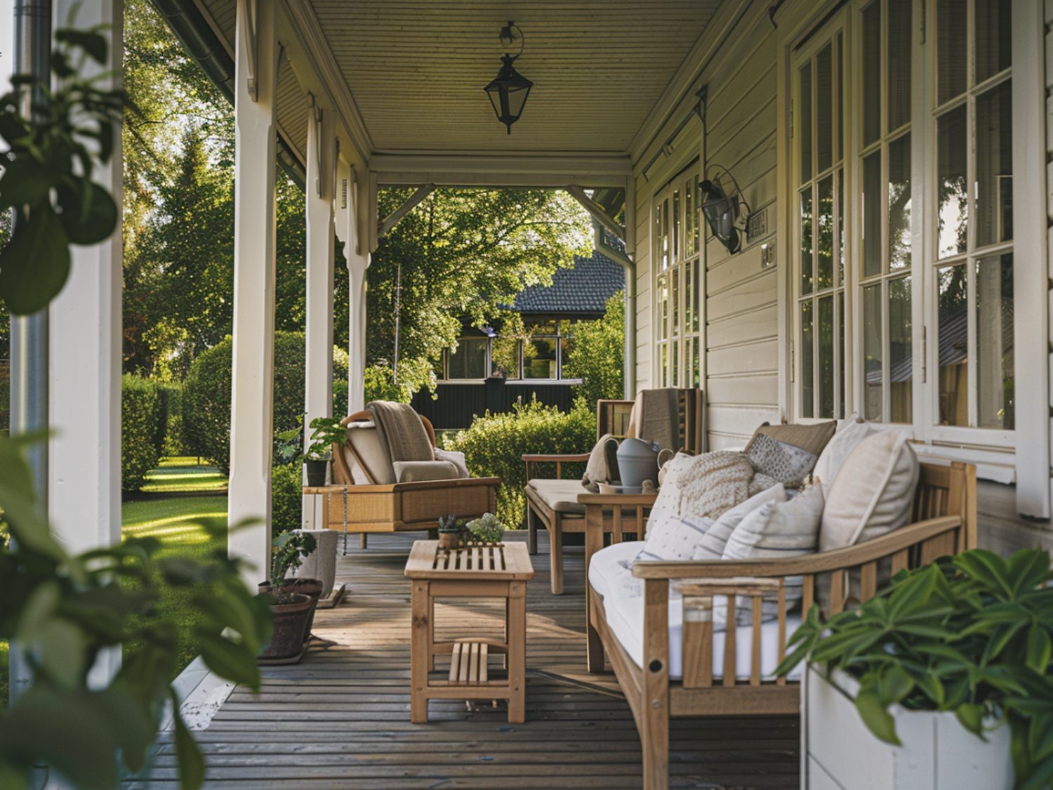 Drewniana weranda z sofą i fotelami w stylu rustykalnym