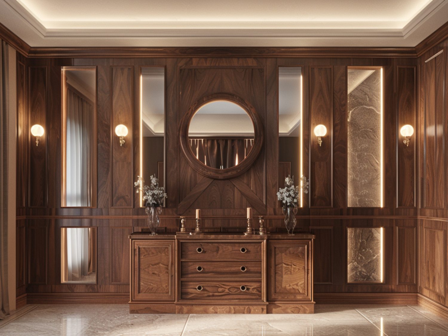 Klasyczny kredens z dużym lustrem i rzeźbionymi frontami