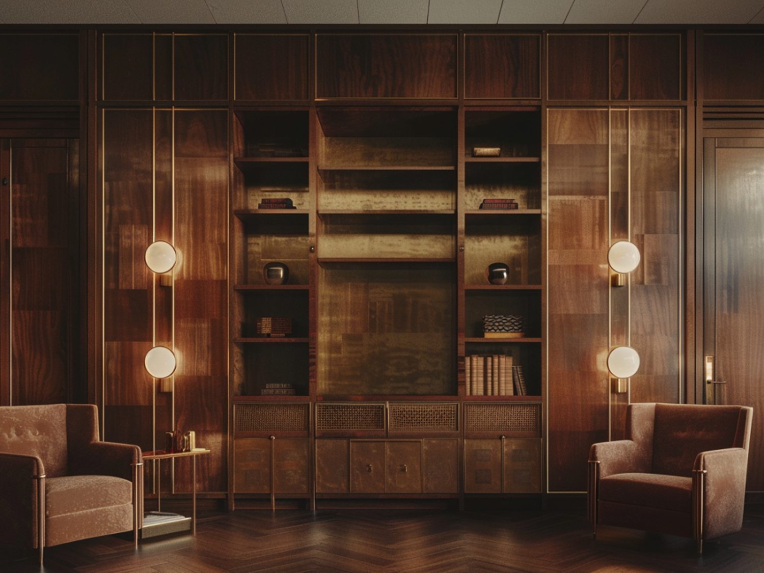 Drewniany regał z ciepłym oświetleniem LED i dekoracjami