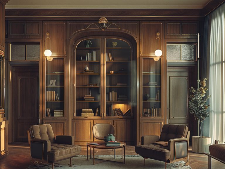 Klasyczny gabinet z witryną, fotelami i żyrandolem