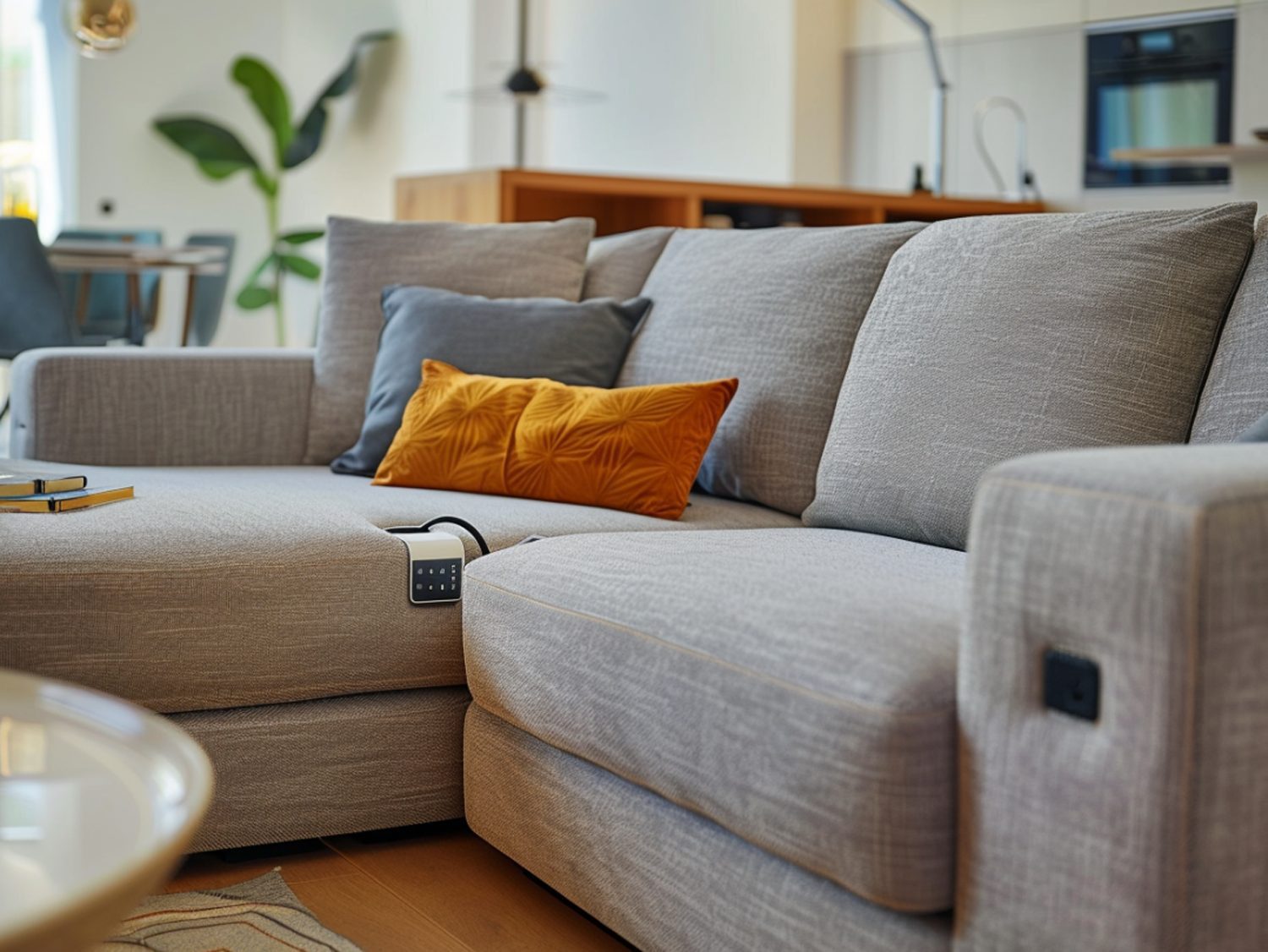 Beżowa sofa modułowa z miękkim siedziskiem w nowoczesnym salonie