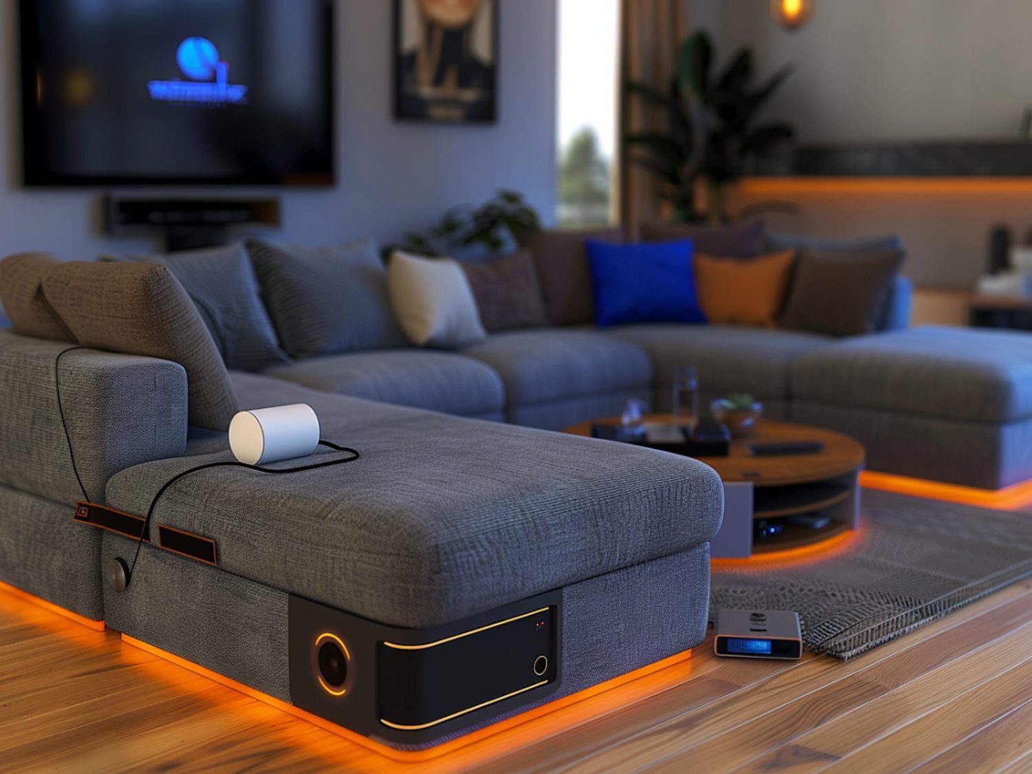 Narożnik tapicerowany z funkcją multimedialną do nowoczesnego salonu