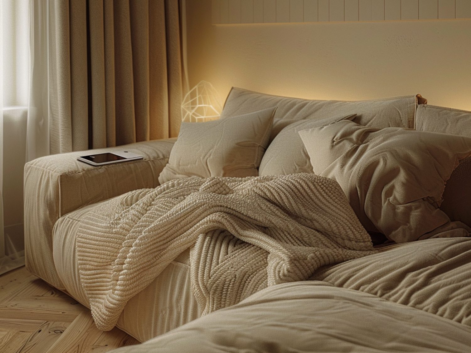 Beżowa pościel w naturalnej sypialni z drewnianym łóżkiem