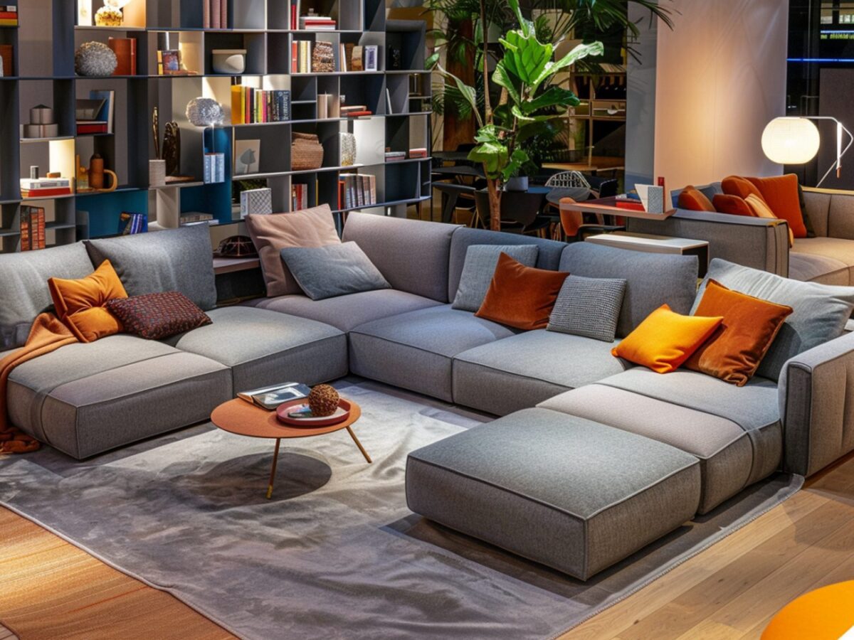Szary narożnik modułowy z kolorowymi poduszkami w salonie