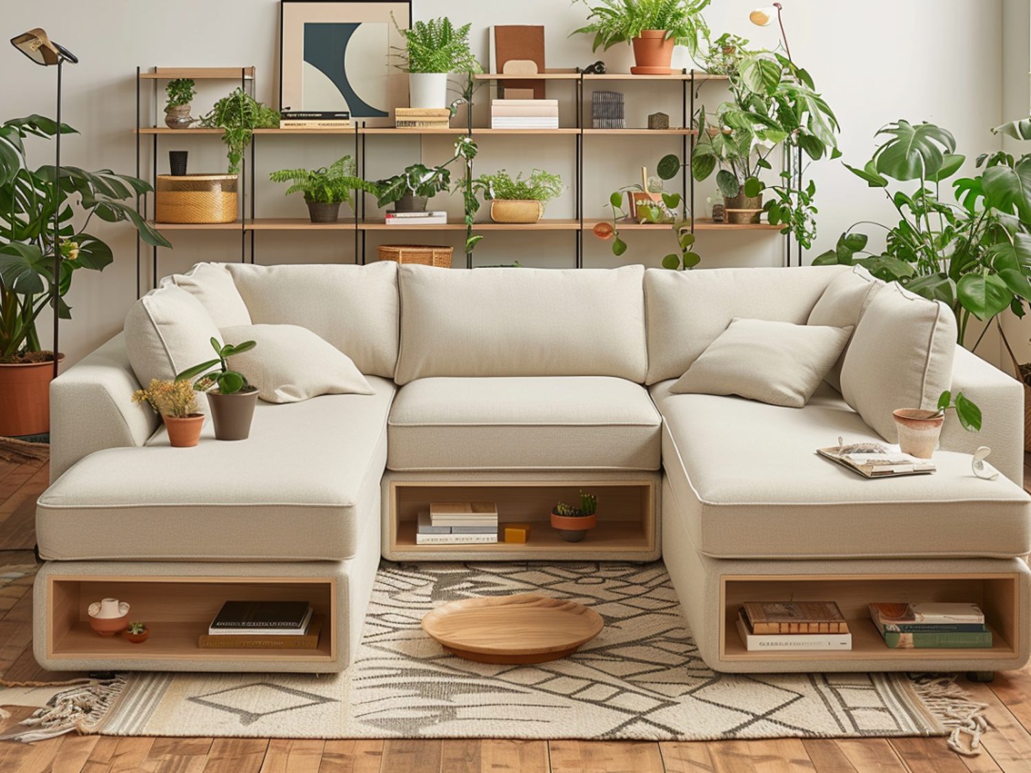 Modułowa sofa w beżowym odcieniu z niskim stolikiem kawowym