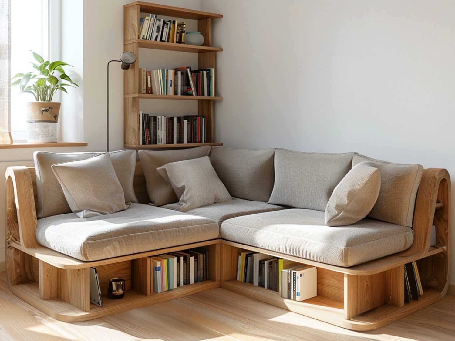 Mały narożnik z półkami na książki i dekoracjami w salonie