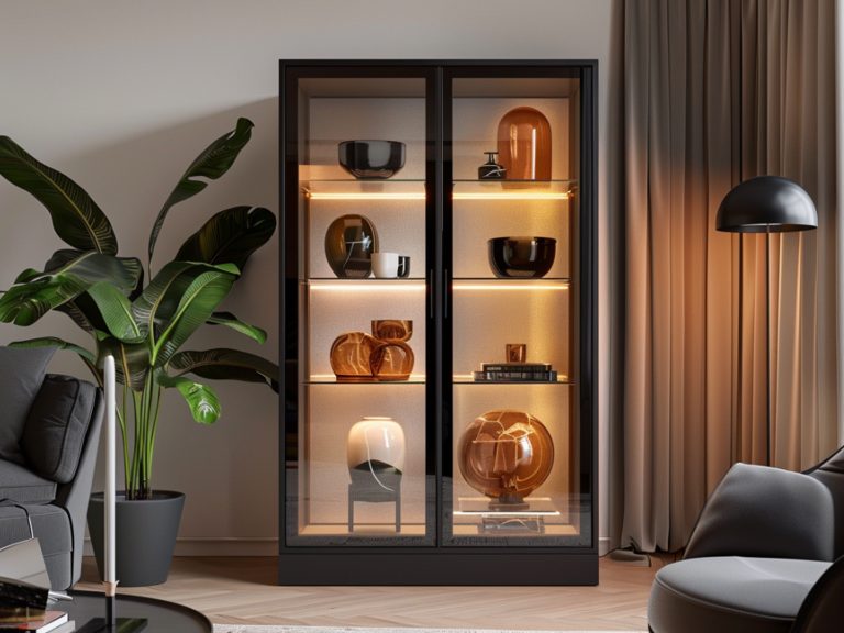 Witryna z półkami i ceramiką w nowoczesnym salonie