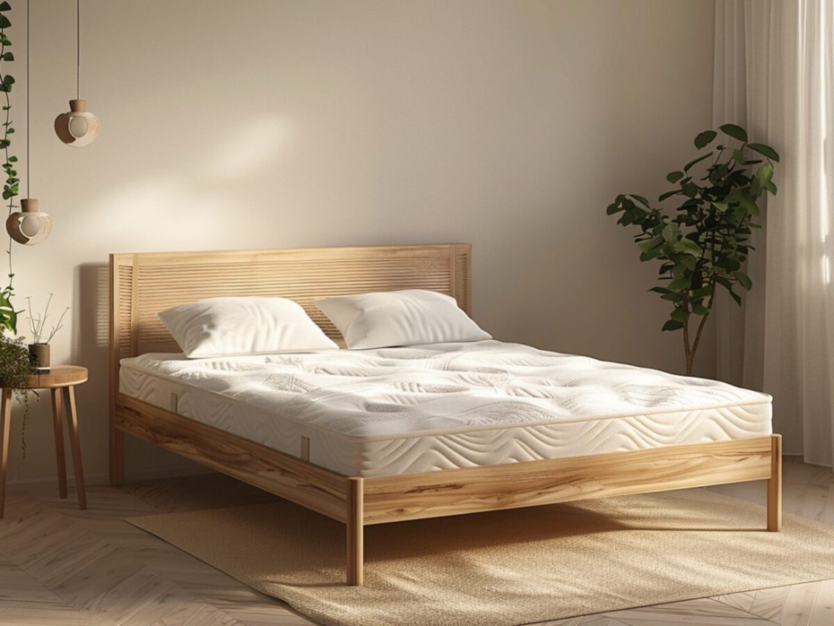 Drewniane łóżko z minimalistycznym zagłówkiem i pościelą