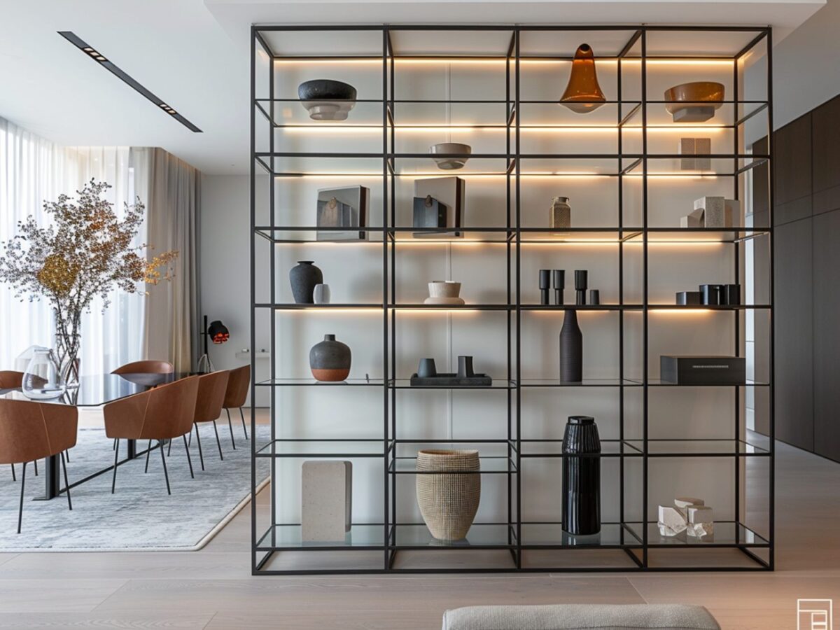 Nowoczesny regał z czarną metalową ramą i dekoracjami