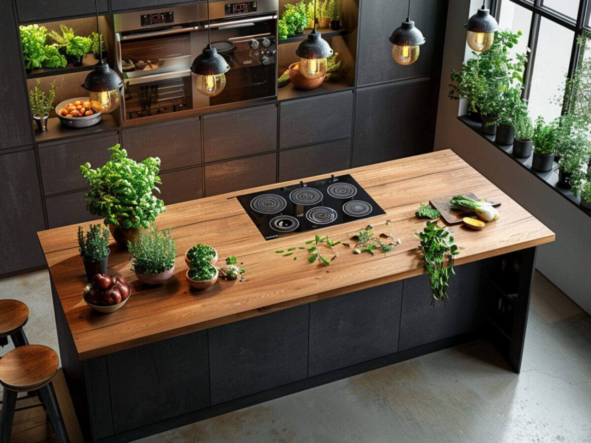 Nowoczesna kuchnia z drewnianym blatem i czarnymi szafkami z ziołami