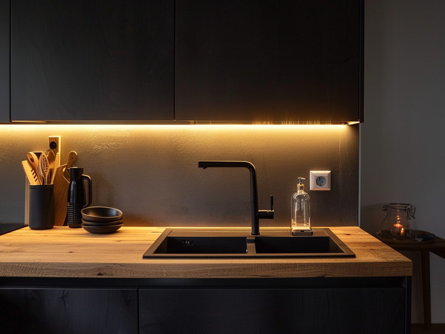 Nowoczesna zabudowa kuchenna z czarnymi frontami i drewnianym blatem