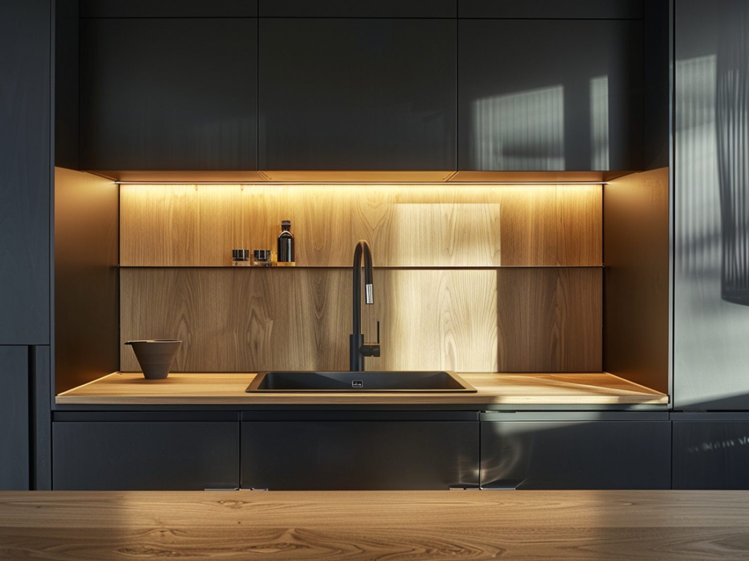 Czarne meble kuchenne z drewnianym blatem i podświetleniem LED